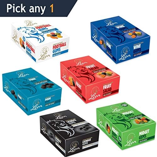 Lion 2kg Boxes, You Choose The Ones You Want; Lion Midget Gems, Football Gums, Licorice Gums, Wine Gums, Fruit Salad and Poor Bens (Pick Any 1 Lion Box)
