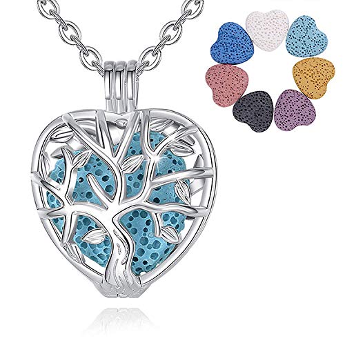 INFUSEU Aromatherapy Tree of Life Necklace, Heart Shaped Locket Family Tree Pendant Essential Oil Diffuser Locket Jewellery with 7 PCS Heart Shaped Lava Rock Stone Gifts for Women