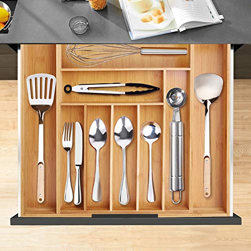 VSADEY Kitchen Drawer Organizer Bamboo Expandable Utensil Silverware Organizer, 9 Compartments Compact Cutlery Tray Organizer Holder for Kitchen Utensils, Flatware and Silverware