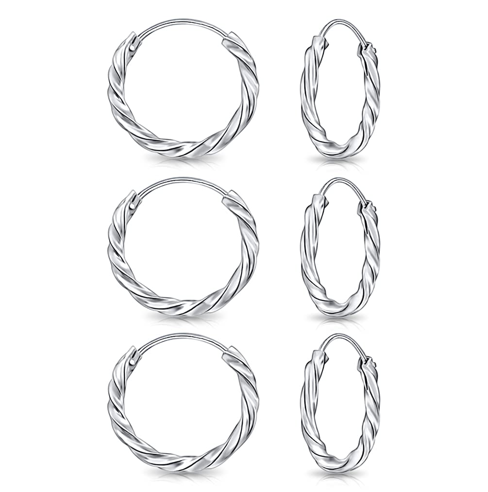 DTPsilver - Set of 3 PAIRS of TINY 925 Sterling Silver Twisted Hoops/Sleepers Earrings - Thickness 1.8 mm - Diameter 10 mm
