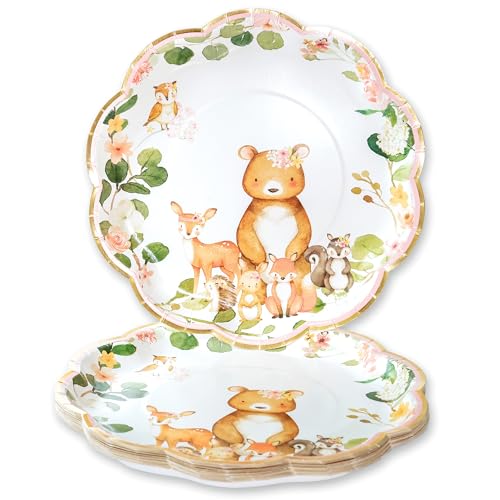 Kate Aspen Woodland Baby 9 in. Premium Decorative Paper Plates (350 GSM weight -Set of 16) | Party Supplies - Pink (28583NA)