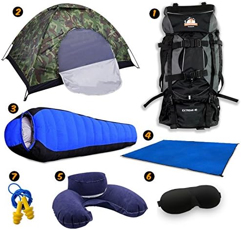 Full Camping Kit by Traveler Fantasy - 80L Large Bag, 2 Person Tent, Tent Mat, Mummy Sleeping Bag, Inflatable Pillow, Ear Plug and Eye Covers (Camo Tent)
