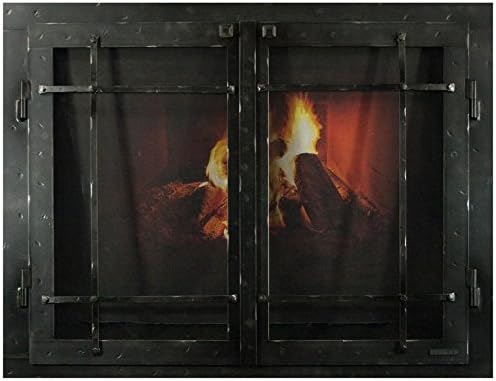 Ironhaus Iron Fireplace Glass Door with Gate Mesh with 2 1/2" Frame In Hammered Natural Finish, Mission Design, 3" L x 30" H x 42" W, Black