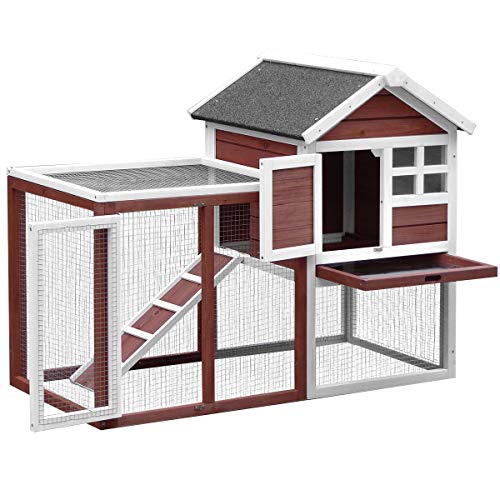 Merax Rabbit Bunny Hutch House with Black Linoleum Roof, Auburn and White - Thumbnail 2