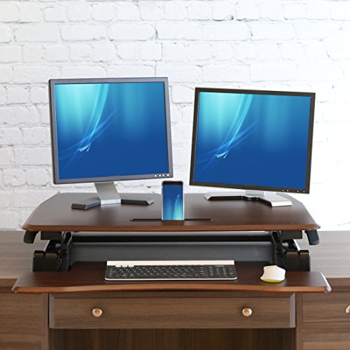 AIRLIFT 35.4" Gas-Spring Standing Desk Converter Workstation | Ergonomic Dual Monitor Riser with Keyboard Tray and Phone/Tablet Holder Height Adjustable to 19.1", Walnut - Thumbnail 3