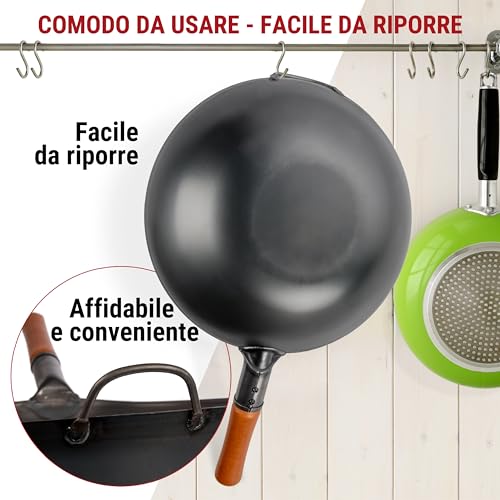 YOSUKATA Professional Wok Frying Pan 34 cm – Traditional Carbon Steel Wok, Original Chinese Preconditioned Flat Bottom – Suitable for Gas, Induction, Electric and Open Fire (Black)