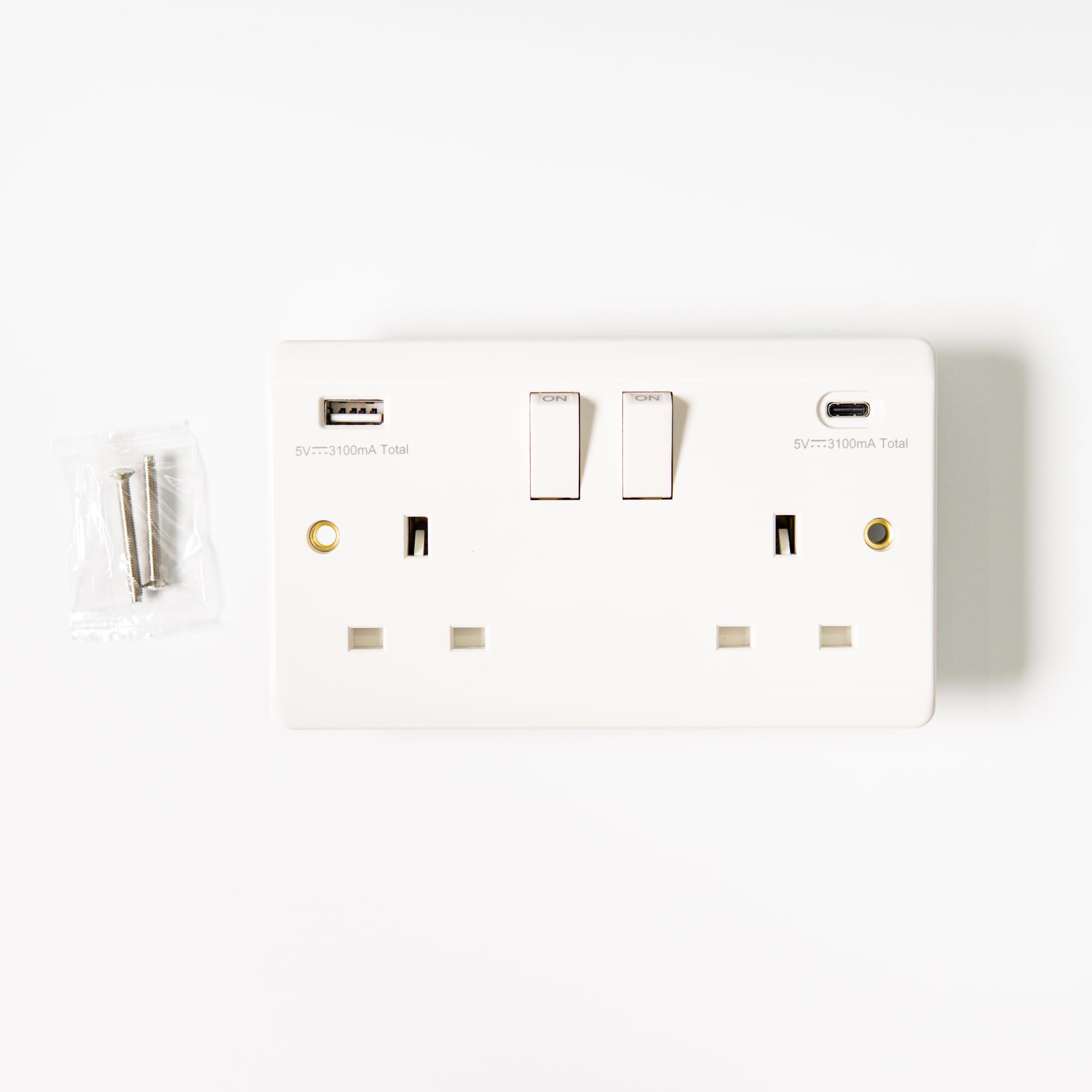 Body-Plus Double Plug USB Socket - 13A with 2 USB Fast Charging Port - 2 Gang Dual Switched Plug Wall Sockets with 3.1Amp Outlets Ports Compatible with iPad, iPhone Tablet Mobile