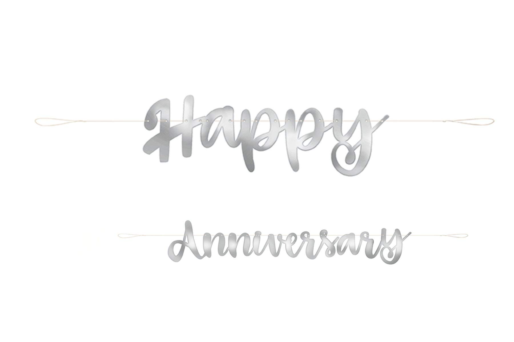 Premium Silver Script Happy Anniversary Banner (2-Piece Set) - Party Decoration for Memorable Celebrations
