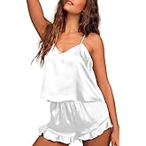Ekouaer Satin Pajama Set for Women Silk Pjs for Women Set Camisole Top and Shorts with Ruffle Sleepwear
