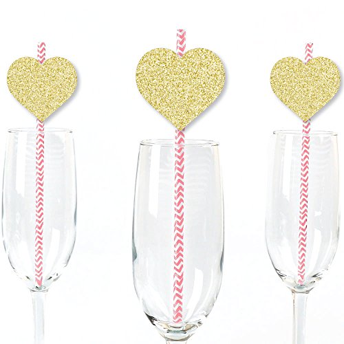 Big Dot of Happiness Gold Glitter Hearts Party Straws – No-Mess Real Gold Glitter Cut-Outs & Decorative Valentine’s Day Party Paper Straws – Set of 25