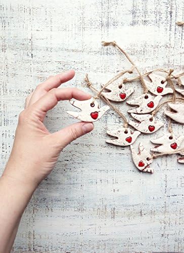Set of 8 Rustic bird Christmas ornaments white dove red heart Christmas tree decoration 210817-8