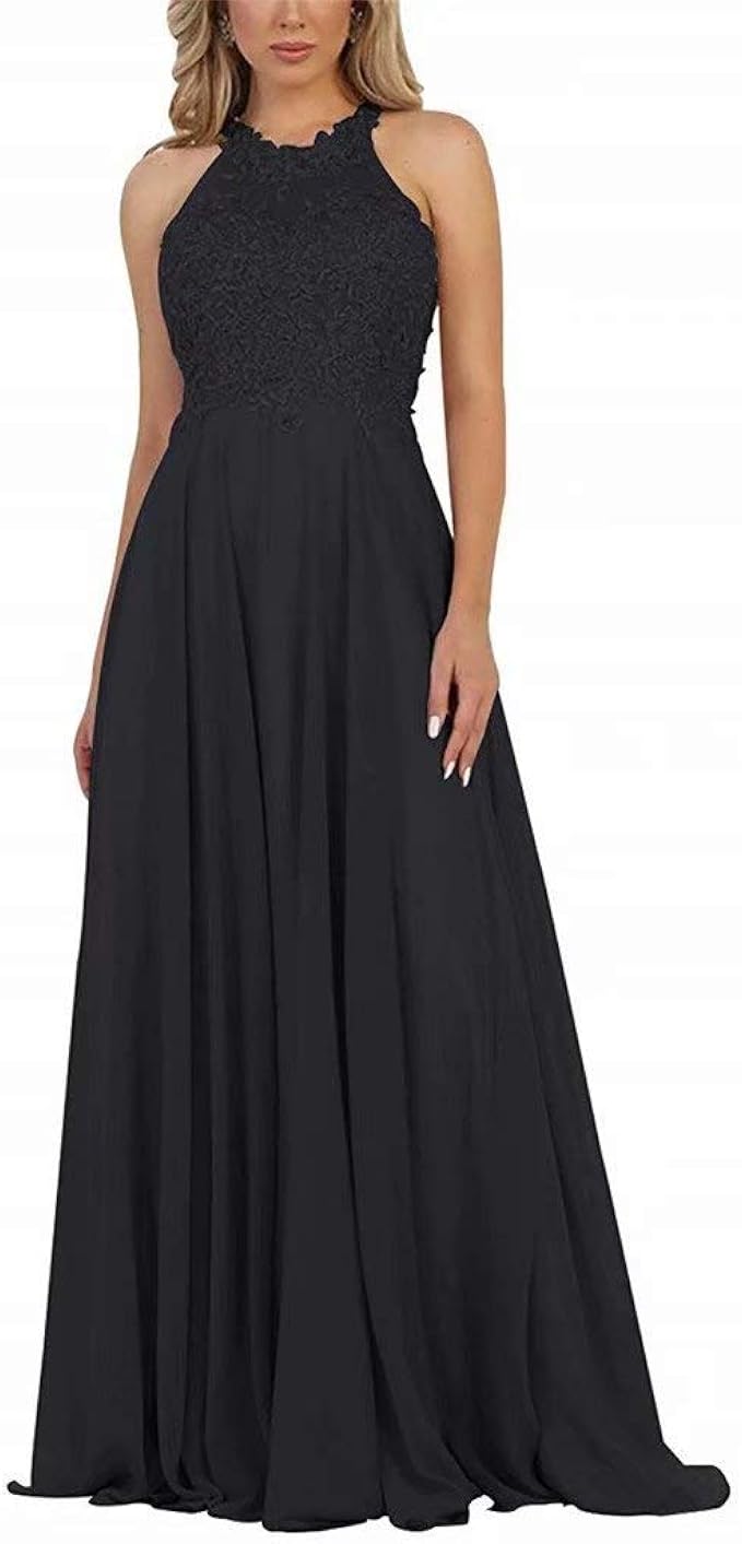 Evening Gowns Plus Size Long Halter Lace Applique Chiffon Prom Bridesmaid Dresses for Women