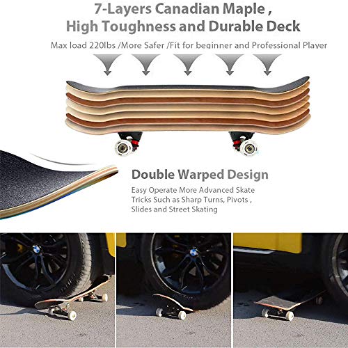 VOKUL Complete Skateboard for Kids Boys Girls Beginners - 31" X 8" inch Standard Skateboard with 7 Layer Maple Double Kick Concave Cruiser Skateboard with Beauty Pattern for Kids Youths Adults