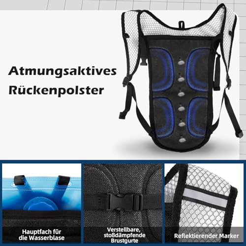 Shayson - Mochila de hidratación con Bolsa de hidratación de 2 litros, Ligera y Transpirable, con 3 Bolsillos de Capa, Correas de Hombro reforzadas para Senderismo, Correr, Ciclismo