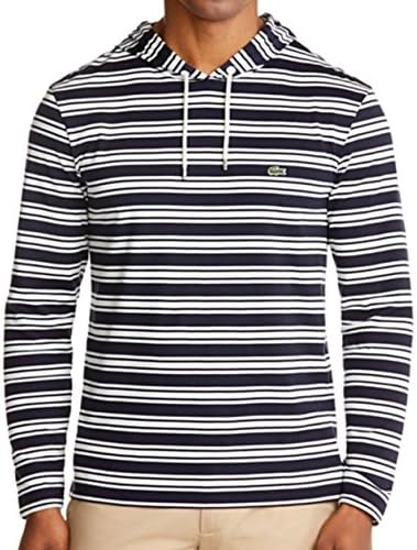 Mens L/S Pullover Striped Hoodie Shirt by Lacoste (Medium) Navy Blue/White