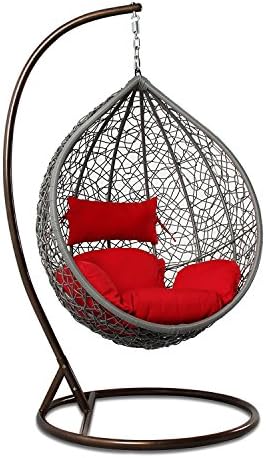 Island Gale Outdoor Brown Wicker Rattan Hanging Swing Egg Chair Hammock with Stand and Cushion (Grey Wicker, Red Cushion)