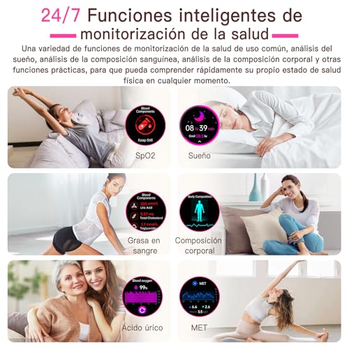 Lgnitek 2026 ECG+HRV Reloj Inteligente Mujer con BMI/Acido Urico/Microchequeo, 1.43'' AMOLED Smartwatch con Función Femenina, 24H Pulsometro, SpO2, Monitor de Sueño, para iOS Android