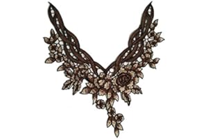 FEEPOP Chinese Style Rose Flower Applique Lace Embroidered Neckline Neck Collar for Home Handmade Apparel Sewing Accessories 1Pc (Coffee)