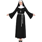 PARTY TELLER 4 PCS Womens Nun Costume Set Traditional Black &amp; White Dress | Traditional nun habit with veil headpiece silver cross necklace and hemp rope belt for women sister cosplay parties