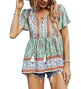 KAYWIDE Women's Casual Boho V Neck Top Loose Floral Printed Long Sleeve Beach Shirts Blouses