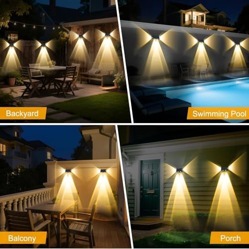 Aplique Solar Pared Exterior, 4 Piezas Luz Solar Exterior Pared Blanco Cálido, Luces Pared Solar con Iluminación en Tres Direcciones, IP65 Impermeable para Patio, Valla, Porche, Garaje