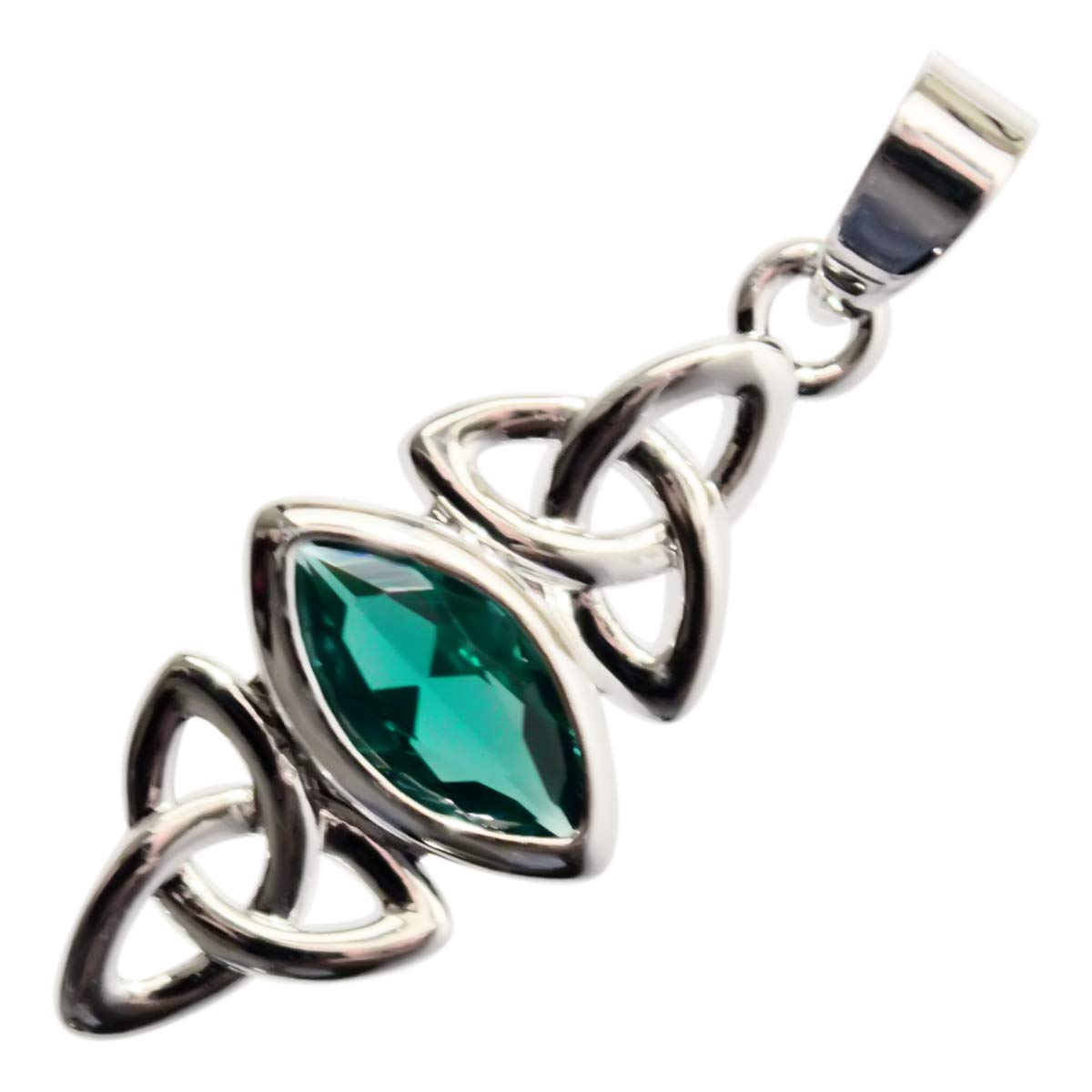 GWG Jewellery 18K White Gold Coated Double Celtic Trinity Knot Embracing Navette Cut Emerald Green Stone Pendant Necklace in Gift Box for Women