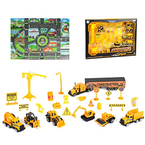 Jellydog Toy Construction Vehicles Set, 26 Piece Die-Cast Construction Trucks, Metal Play Vehicles Set with Street Play Mat,Road Barriers and Signs for Kids Boys and Girls 3 Years