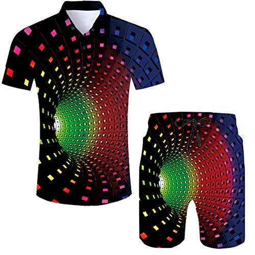 RAISEVERN Men\'s Casual Button-Down Shirts 3D Colourful Tunnel Print Short Sleeve Hawaiian T-Shirts Casual Aloha-Shirt for Holiday L