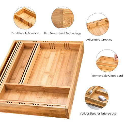 DEIK Bamboo Drawer Organizer, Expandable Cutlery Tray and Utensil Organizers Tray, Adjustable Kitchen Drawer Divider, Flatware and Silverware Cutlery Drawer for Utensil Storage