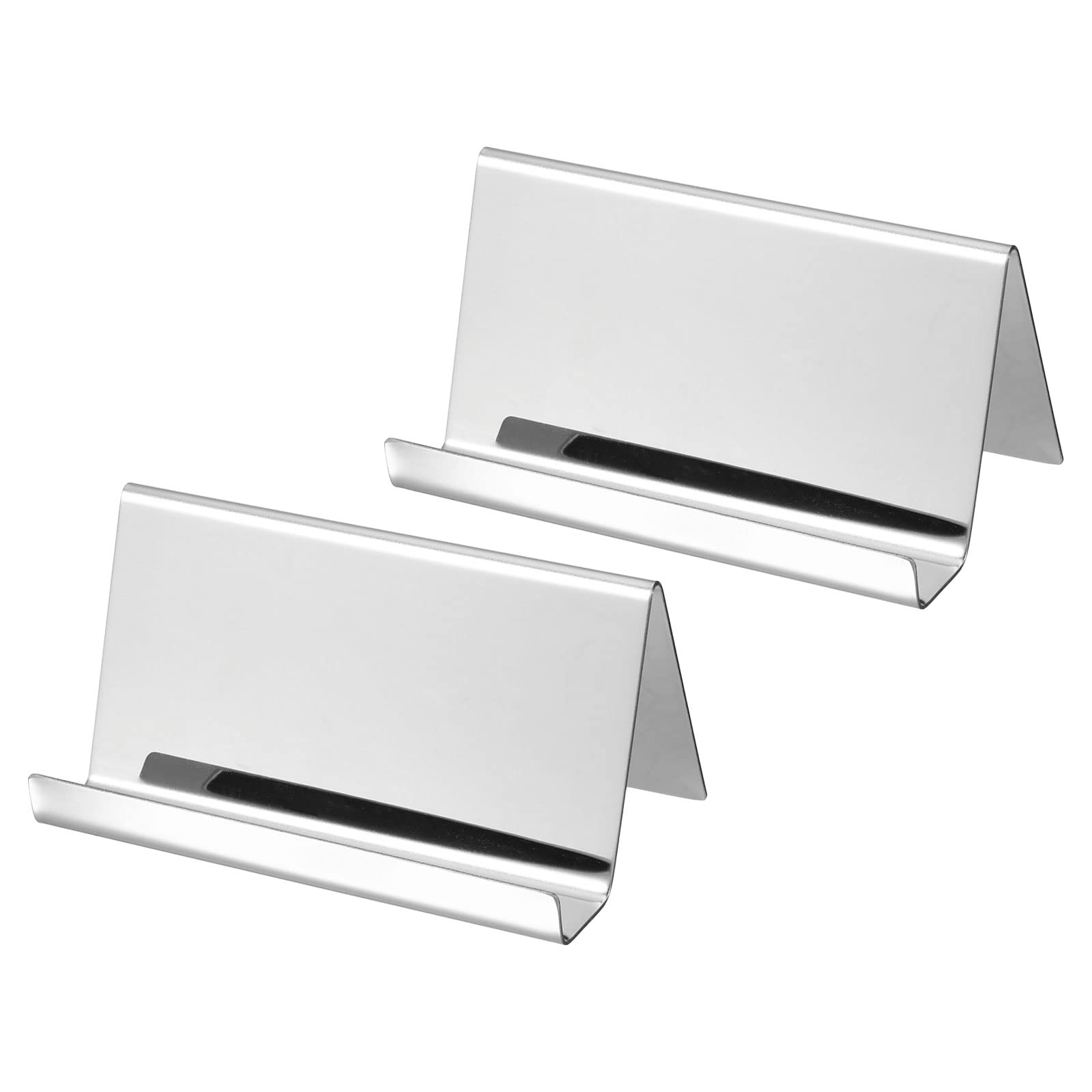 PATIKIL Business Card Holder, 2 Pack Reflective 304 Stainless Steel Desktop Name Cards Display Stand for Office Desk, Silver