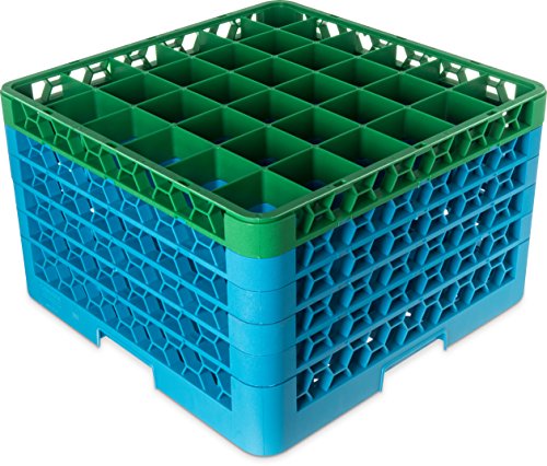 Carlisle RG36-5C413 OptiClean 36 Compartment Glass Rack with 5 Extenders, 11.9", Polypropylene, green/Carlisle Blue