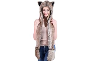 HomDSim Anime Spirit Animal Hood Hoods Furry Hoodie,Faux Fur Hat with Warm Scarf Mittens Gloves Spirit Ears and Paws