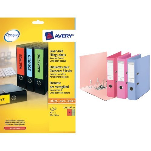 Avery L7171A-20 Assorted Colours of Opaque Lever Arch Labels and Esselte Solea 75 mm A4 Power Lever Arch File - Assorted, Pack of 10