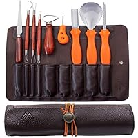 MeiGuiSha 10 Pieces Professional Wooden Pumpkin Carving Tools Kit Kit-13 Cuts, Scoops, Scrapers, Saws, Loops, Knives with Reusable PU Case Set, Knives with Reusable PU Case Set