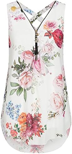 Zegeey Women's Loose Flowers Chiffon Sleeveless Tank V Neck Zipper