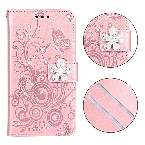 Glitter Leather Case for Huawei P20 Lite,Wallet Flip Cover for Huawei P20 Lite,Herzzer Stylish Elegant Rose Gold Diamond Butterfly Print with 3D Crystal Flower Magnetic Stand Case - Thumbnail 2