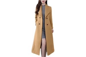 STYESH Women Winter Wool Blend Camel Maxi-Long Coat Notch Double-Breasted Lapel Jacket Outwear Business Casual Trench Coats