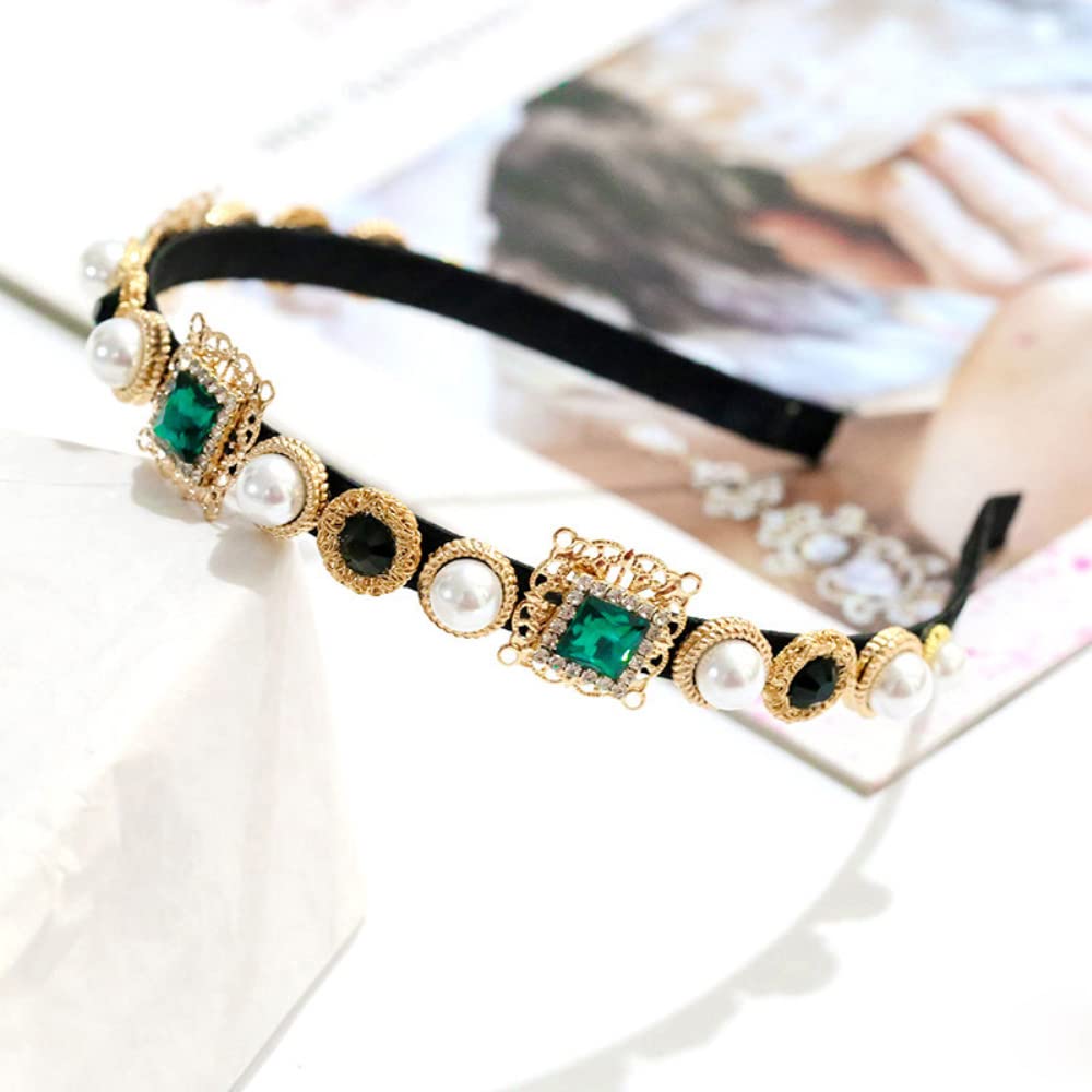 Vintage Crystal Rhinestone Headbands Sparkle Silver Diamond Headband Velvet Padded Wide Hairbands Party Wedding Headpiece Hair Accessories for Women (CrystalGreen)