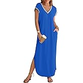 MEROKEETY Women's 2025 Spring Summer Maxi Dress Casual V Neck Split Beach Vacation Loose Long Dresses