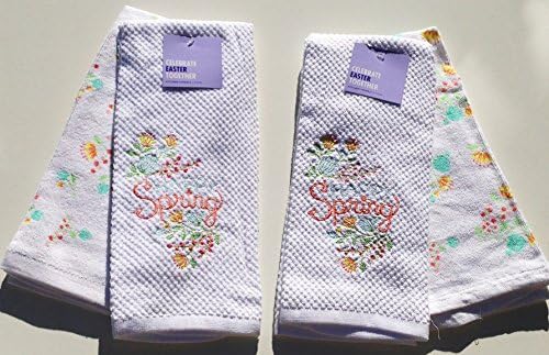 "Happy Spring" Embroidery Floral Cotton Kitchen Towels, TWO Sets of (2)