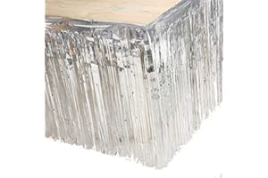 Blukey Set of 2 Silver 29x108 Inch (9 Feet Long) Metallic Foil Fringe Table Skirt, Tinsel Disposable Skirting for Parade Floats Trailer, Mardi Gras Party, Birthday, Baby Shower, Wedding