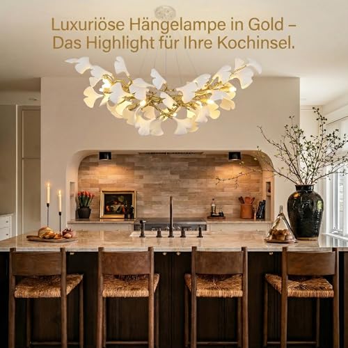PIOUTNF Branch Chandelier, Modern Dining Table Chandelier, Ceramic Ginkgo Leaf Chandelier, 10 x G9, Dimmable, L91.5 cm, Suitable for Living Room, Hallway, Kitchen, Bedroom, Without Bulb
