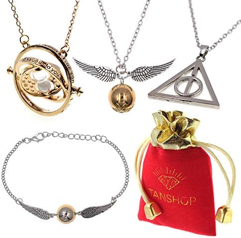 TANSHOP Necklace Merchandise for Harry Potter Fans, Time-Turner Death-Hallows Golden-Snitch Necklace Bracelet Jewelry Set Best Gift for Boys, Girls, Kids, Women 4 Pcs (4PCS Jewelry Set)