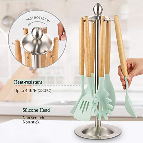 Silicone Kitchen Cooking Utensil Set, EAGMAK 16PCS Kitchen Utensils Spatula Set with Stainless Steel Stand for Nonstick Cookware, BPA Free Non-Toxic Cooking Utensils, Kitchen Tools Gift (Mint Green)