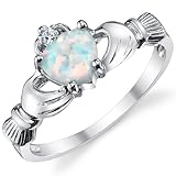 Sterling Silver 925 Irish Claddagh Friendship & Love Ring with Simulated Opal Heart