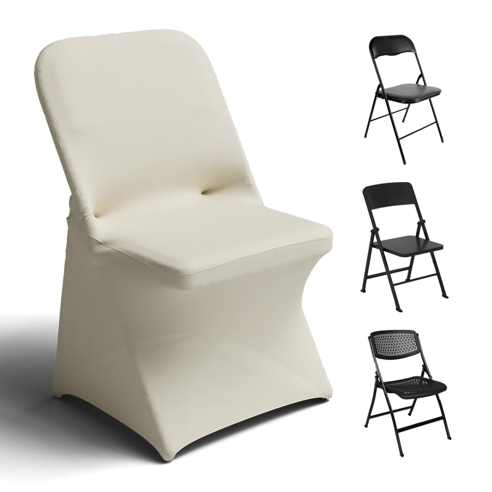 Trlyc Spandex Folding Chair Covers 50 Pcs Universal Fitted Stretchy Dining Chair Slipcovers for Wedding Party Banquet Flat-Front Chair Cover (Ivory)