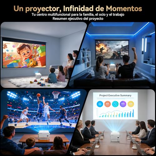 Proyector Portatil 4K con Compatible Netflix y Soporte de 360°, Enfoque y Corrección Trapezoidal Automática, WiFi 6 Ultra Rápido, Bluetooth, Cine en Casa para Smartphone/PS5/Laptop