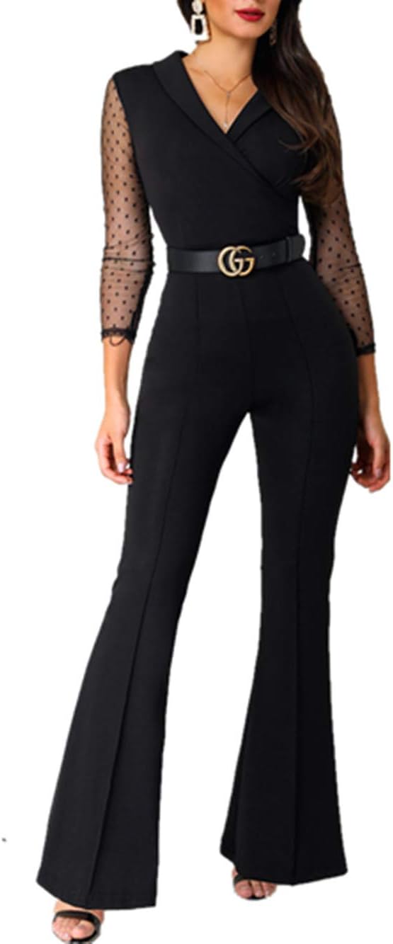 Ninimour Women Mesh Sleeve Wrap Belted Jumpsuit