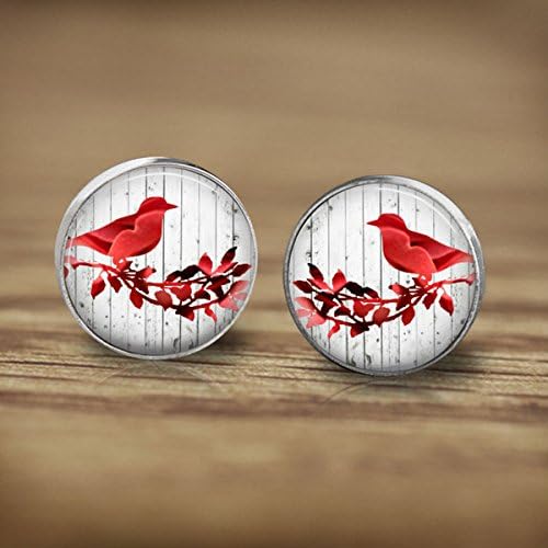 Red Birds Studs Earrings,Art Birds Picture,Vintage jewellery,Glass Round Silver Earrings,Glass Dome,Alloy Products,