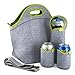 Tabkoe Insulated Neoprene Lunch Bag Set with Tote, Bottle Sleeve, 2 Can Insulators & Adjustable Crossbody Shoulder Strap | Washable, Reusable, Stretchy, Extra Large Travel Lunch Box (Green Gray)